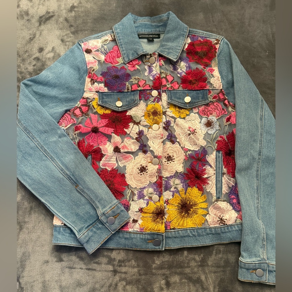 NWOT Boston Proper Floral Embroidered Denim Jacket